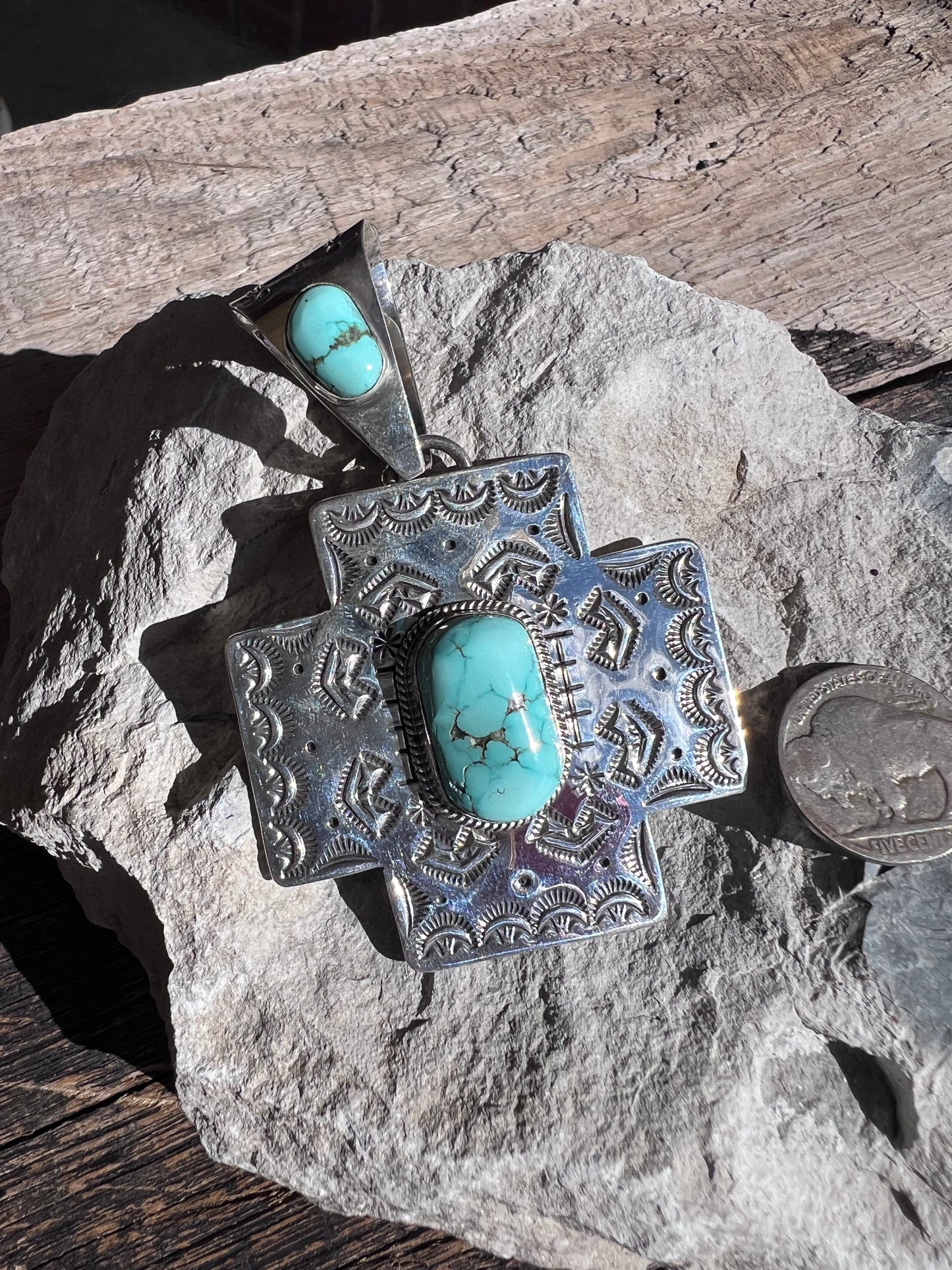 Native American Handmade by Eula Wylie. Lone Mountain Turquoise & Sterling Silver Cross Pendant