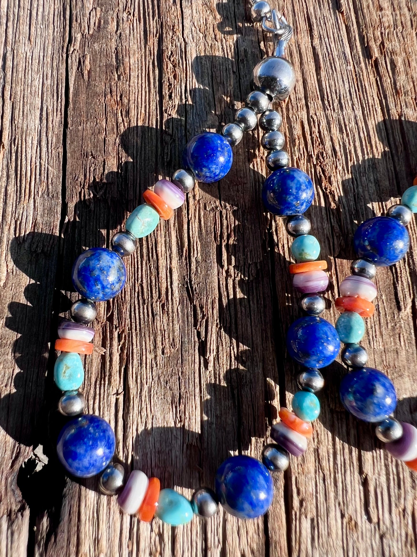 Southwest Artisan Handmade Sterling, Lapis, Dry Creek Turquoise, Orange Spiney, Pink Conch & Wampum Shell Dangle Earrings 3.5”