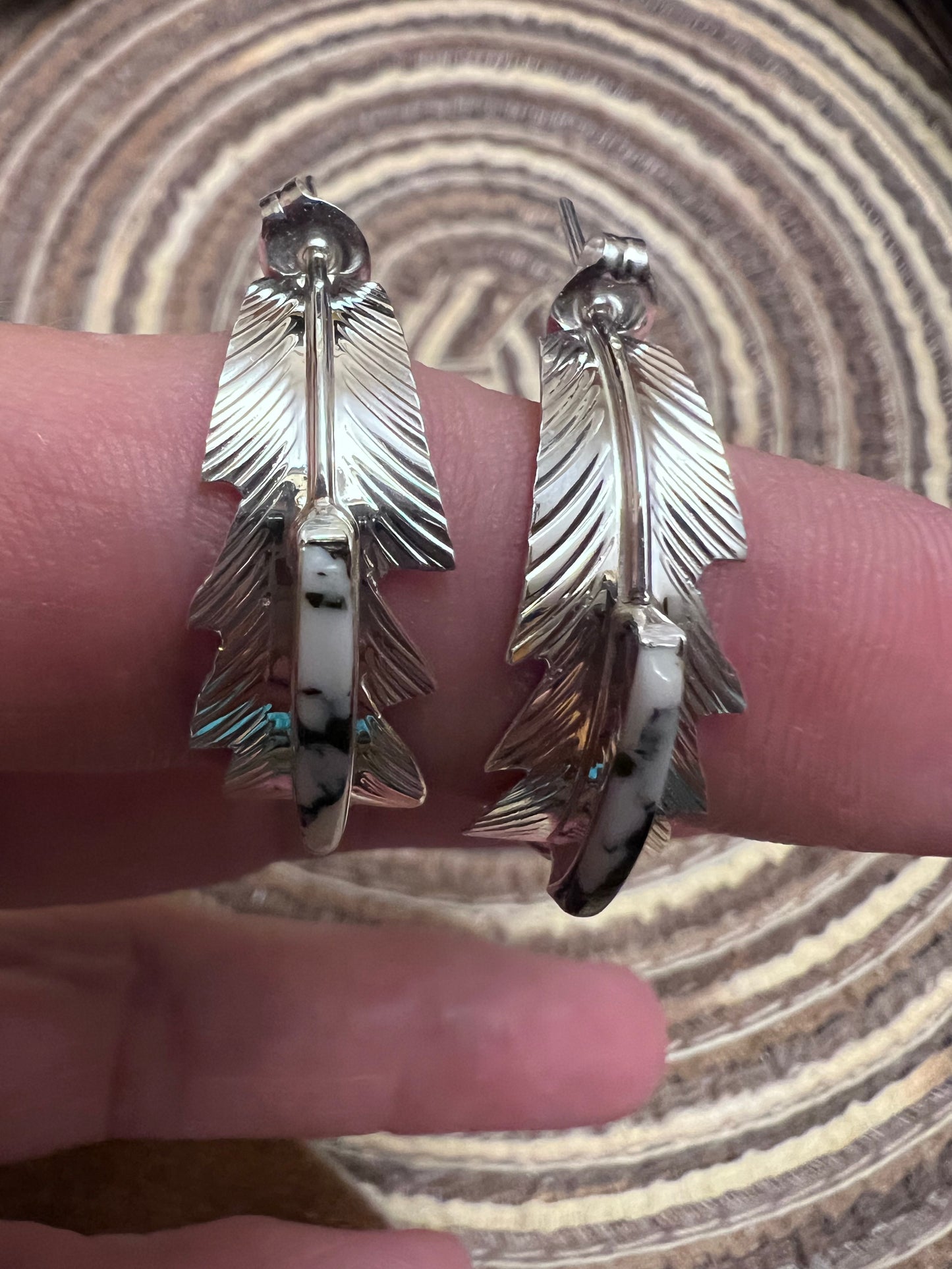 Native American Handmade by Barney. Sterling Silver & White Buffalo Half-hoop Post Earring 1β
