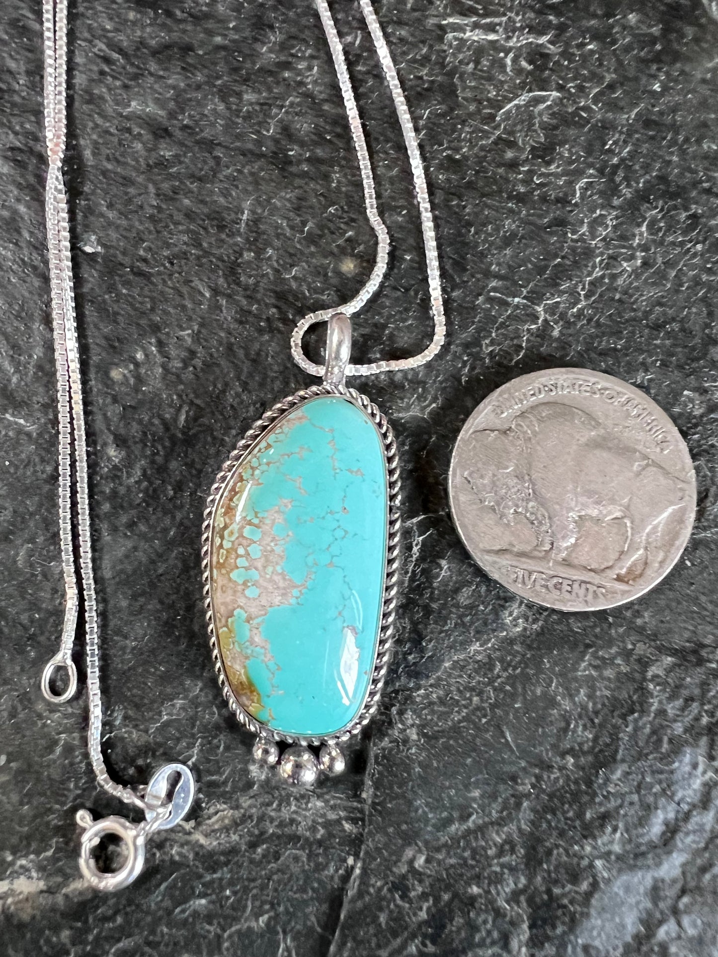 Native American Handmade Sterling & Carico Lake Turquoise Pendant(1.6β x.7β)on a Sterling Box Chain Necklace 16β