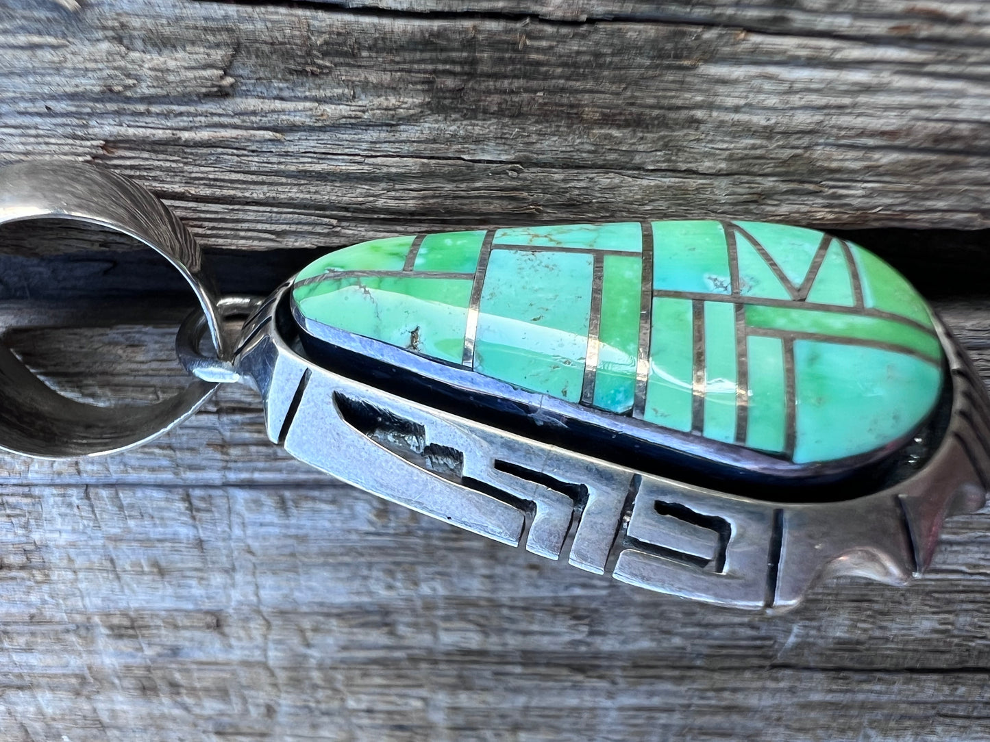 Native American Handmade by Ryan Sanchez- Sterling & Turquoise Inlaid Pendant 2.25”