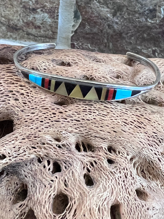 Native American Zuni Sterling, Turquoise, Jet, Red Coral & Shell Inlaid Cuff Sz 6