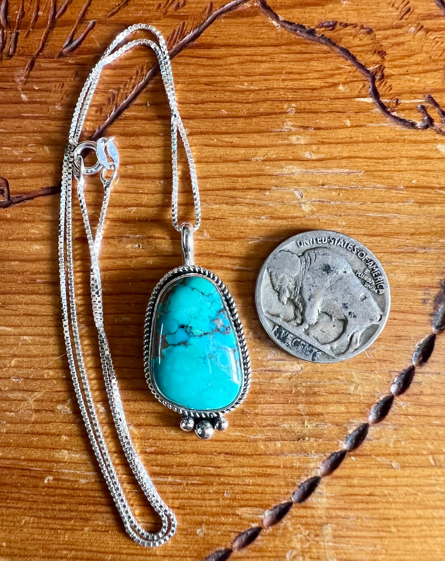 Handmade Sterling & Carico Lake Turquoise Pendant w/ 16” Sterling Box Chain