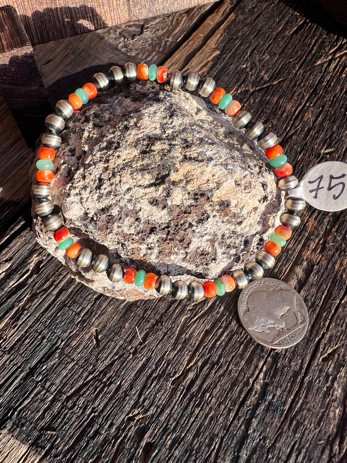 Southwest Sterling, Jade, Red/Orange Spiny Stretch Bracelet Sz 6.5”