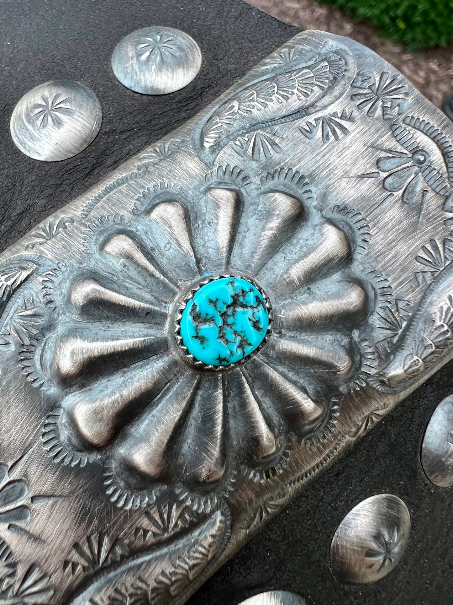 Native American Handmade by Dale Morgan- Sterling, Turquoise & Black Leather Bow Guard Sz 8