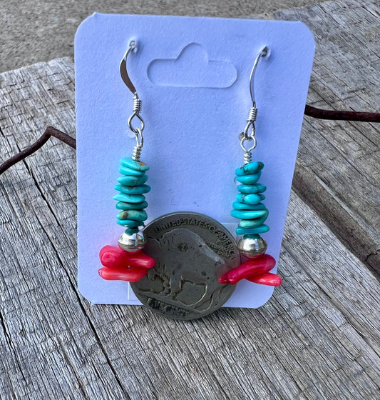 Turquoise & Coral Chip w/Sterling Dangle Earrings 1.5β