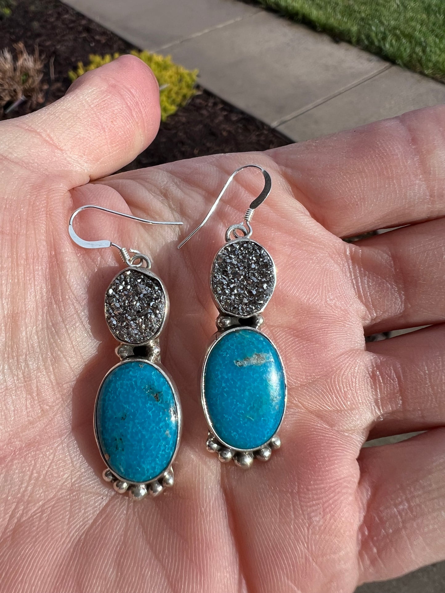 Navajo Handmade Sterling, Druzy & Turquoise Dangle Earrings 2β