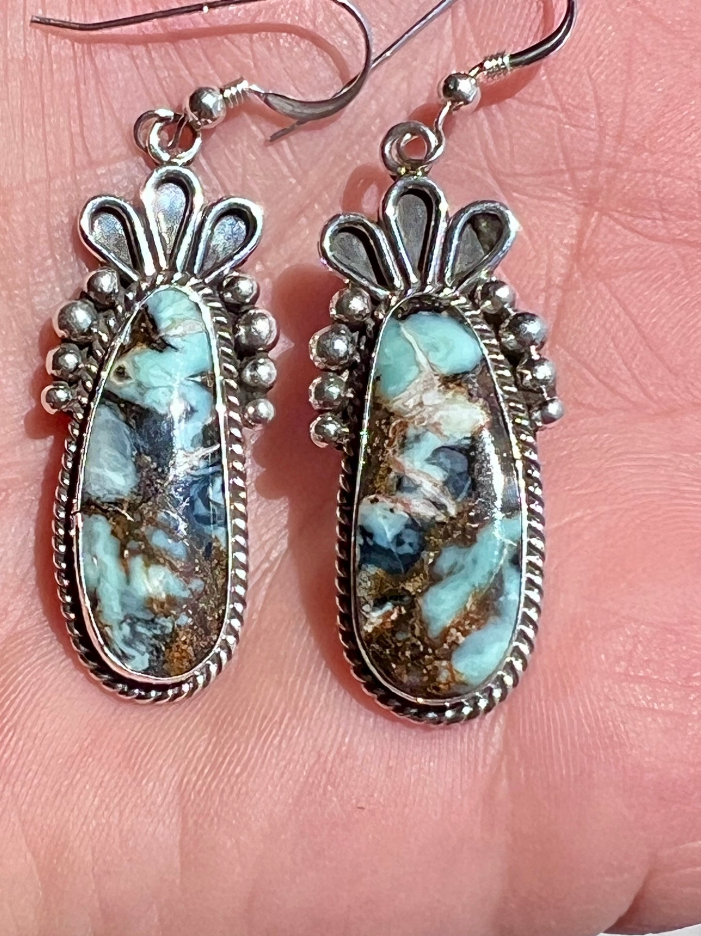 Navajo Handmade by C. Wylie- Nevada New Lander Variscite & Sterling Dangle Earrings 2β