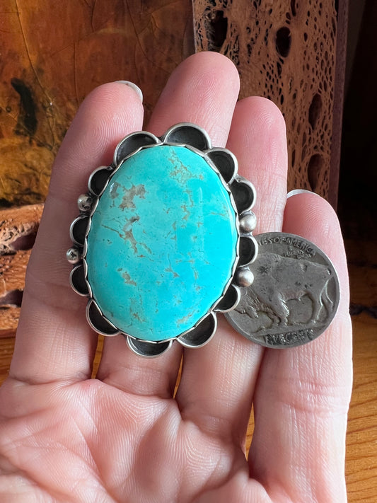 Native American Handmade by Miranda Willie, Sterling & Large Campitos Turquoise Stone Ring Sz 6.5 Adjustable