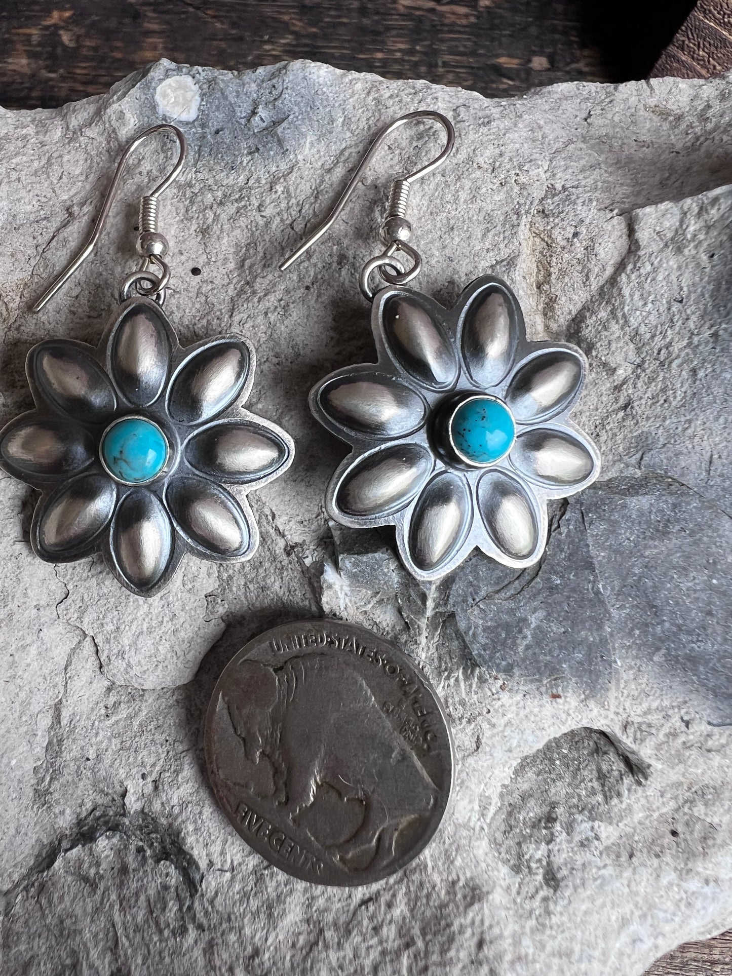 Native American Handmade Sterling & Tyrone Turquoise Repousse Daisy Dangle Earrings