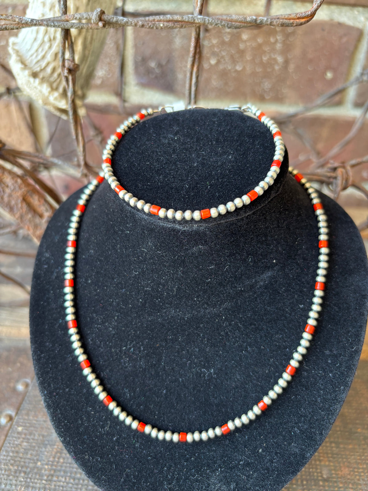 Sterling Silver & Red Coral 3mm Bead Necklace 14”-16” & Bracelet 7”-8” Set