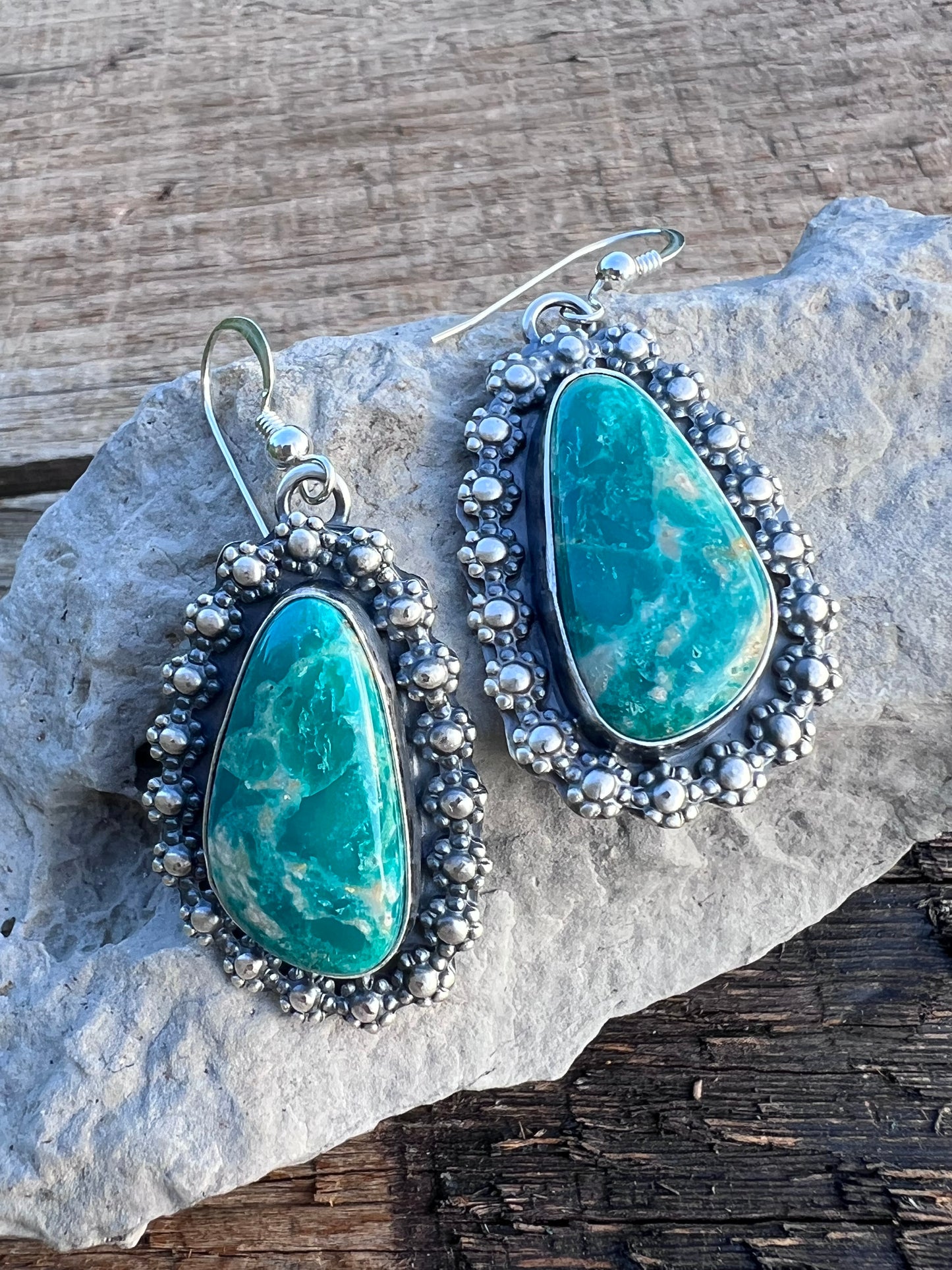 Native American Handmade by Miranda Willie. Sterling & Fox Turquoise Dangle Earrings 2β long