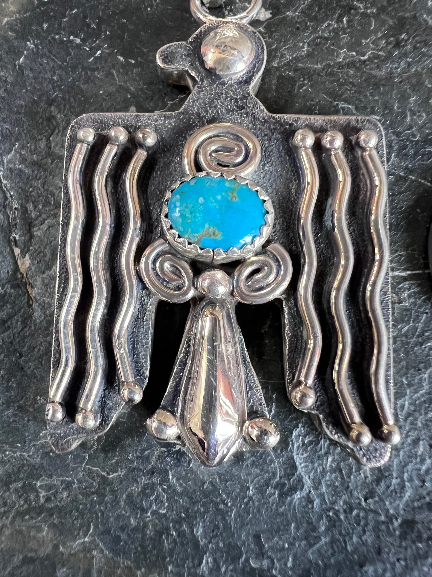 Native American Handmade Sterling Silver 2-tone & Turquoise Thunderbird Pendant 2.75”x 1.25”