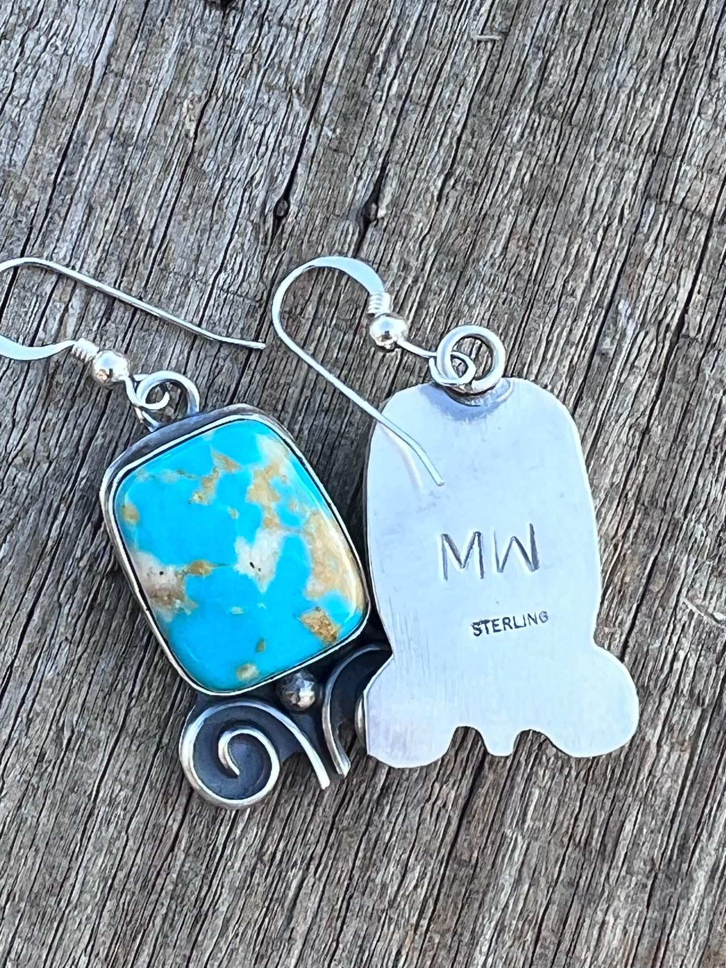 Native American Handmade by Miranda Willie. Sterling & Turquoise Square-shaped Dangle Earrings 1.75β