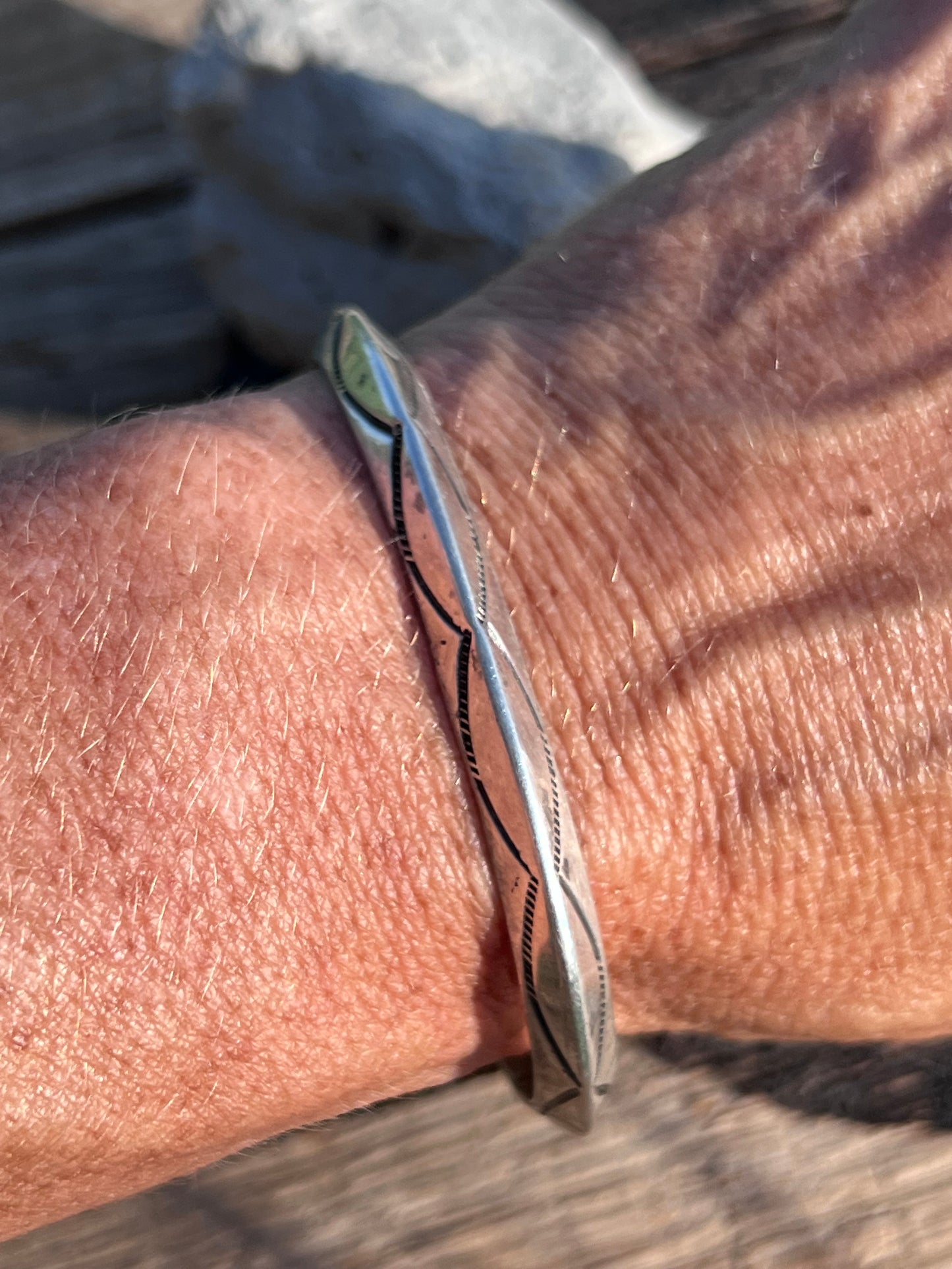 Vintage Native American Handmade by Tahe- Sterling Stamped Carinated Cuff Sz 7 (no flex)