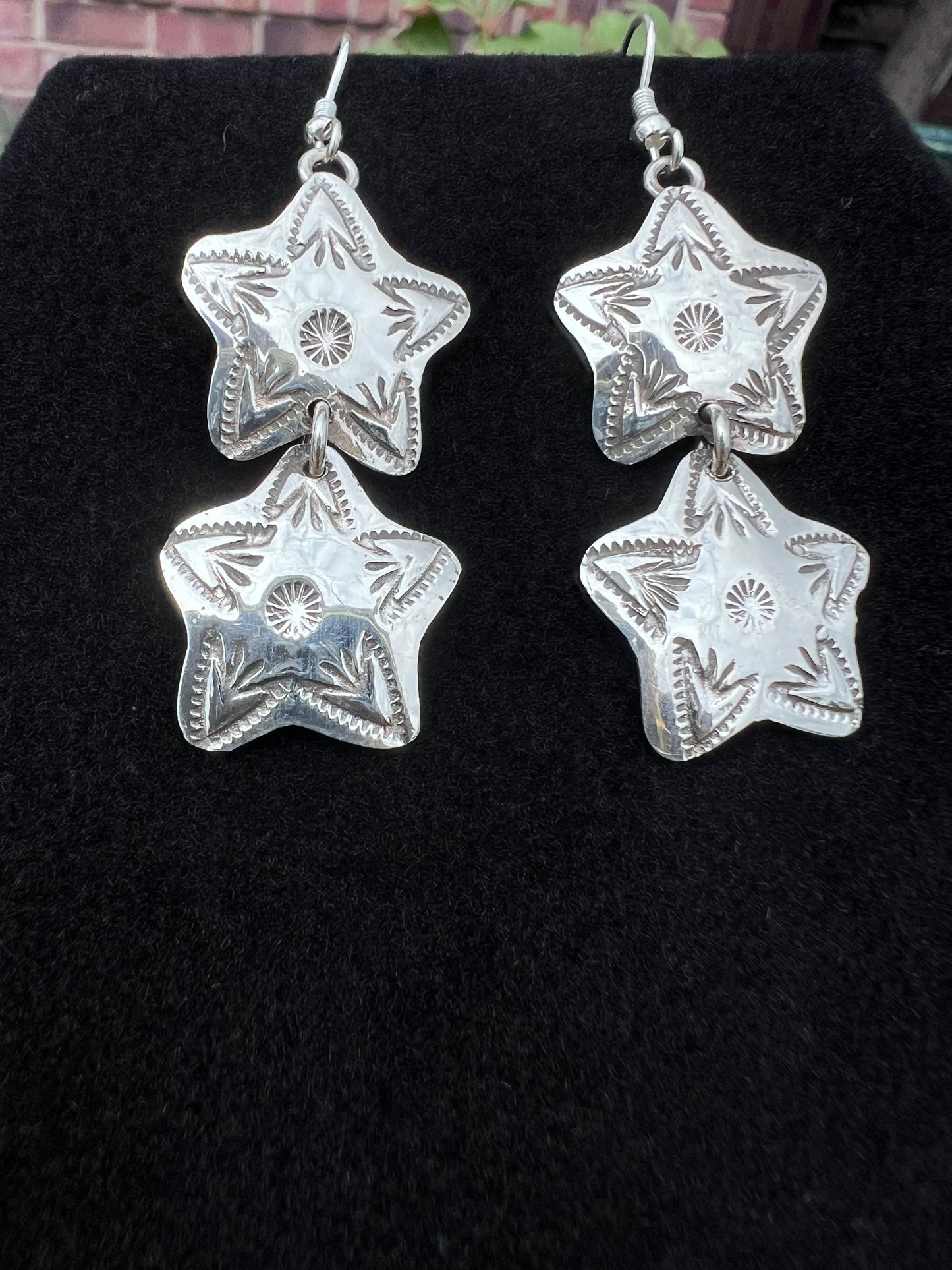 Native American Handmade by S. Willie. Sterling Star Dangle Earrings 2 1/8β long