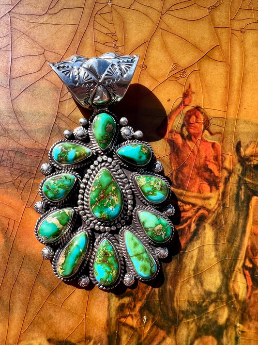Navajo Handmade by Tyler Brown- Statement Piece!! Sonoran Gold Turquoise & Sterling Cluster Pendant with Detachable Bale- Shepherds Hook Option 3.5βx 2β