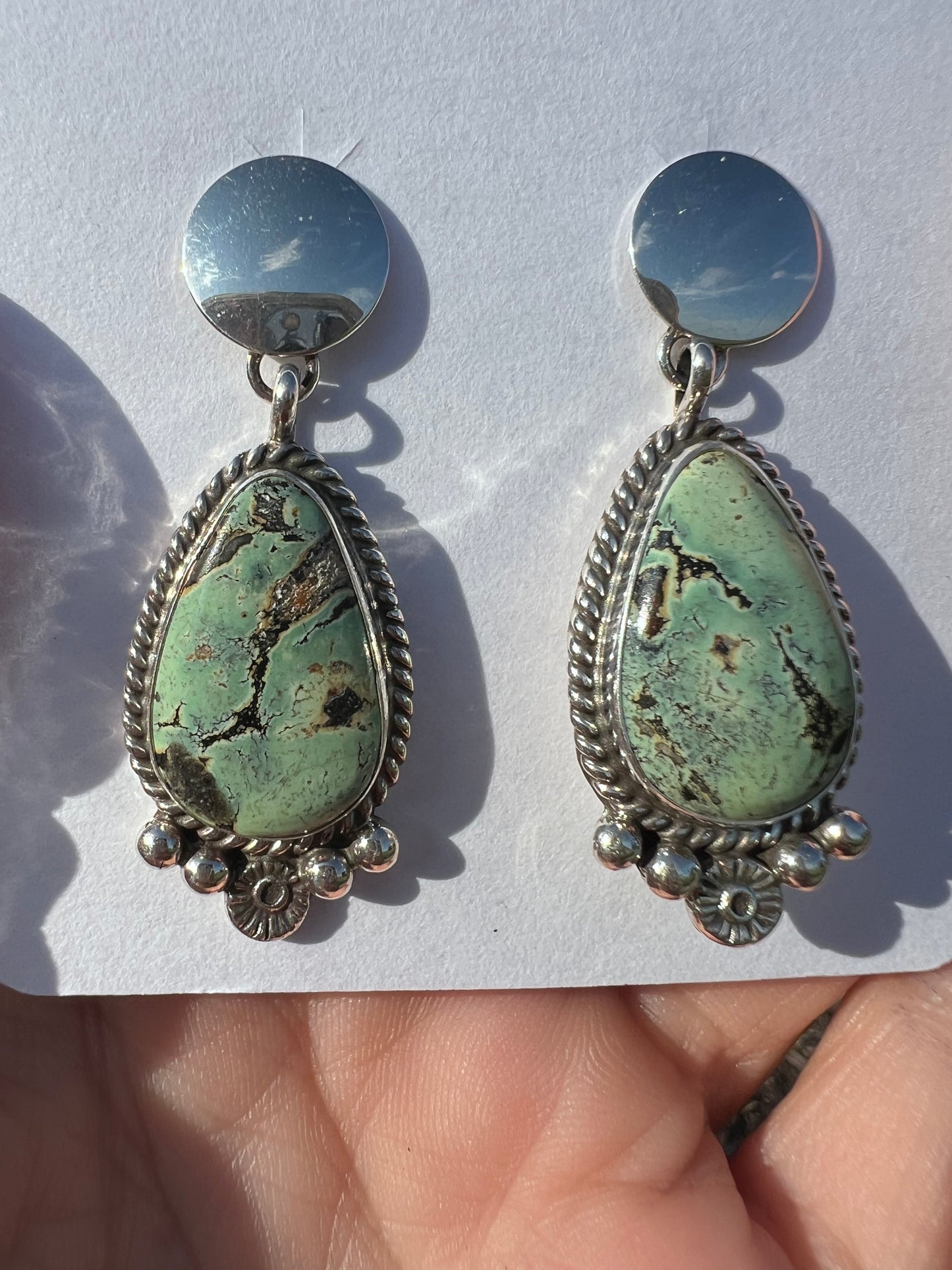 Native American Handmade by Ella Linkin- New Lander Variscite Post Earrings 1.7β long