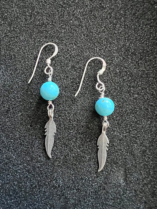 Dainty Sterling & Campitos Turquoise Feather Dangle Earrings  1.75β