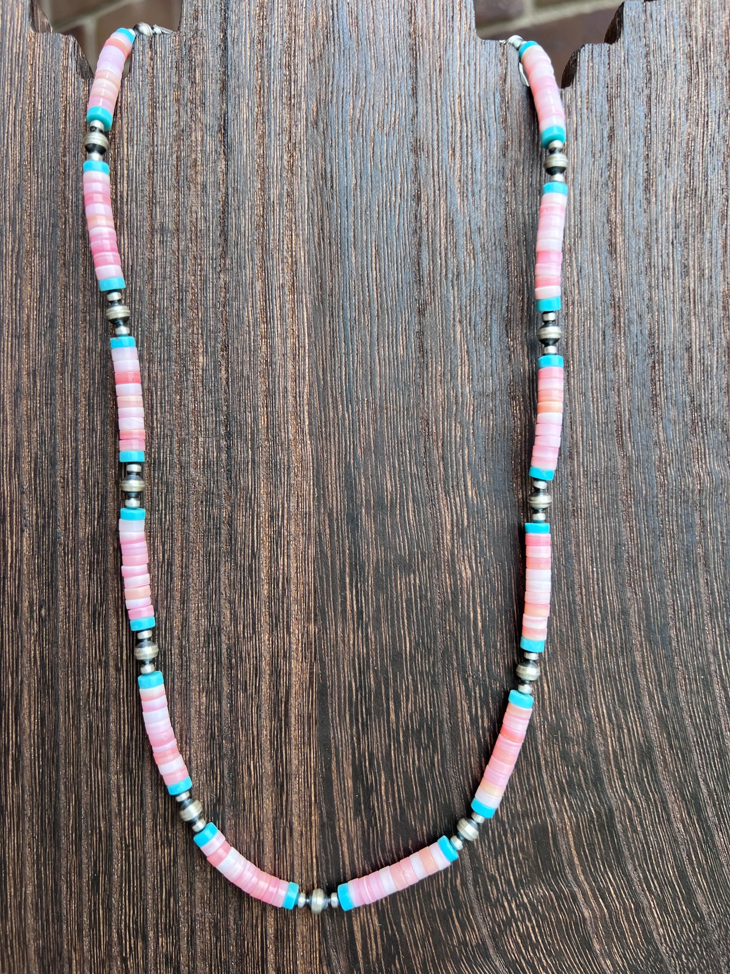Southwest Sterling, Pink Conch & Turquoise Heishi Necklace & Earring Set