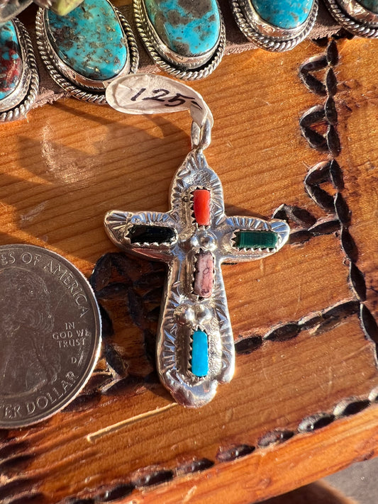 Navajo Handmade Sterling Multi-stone Cross Pendant