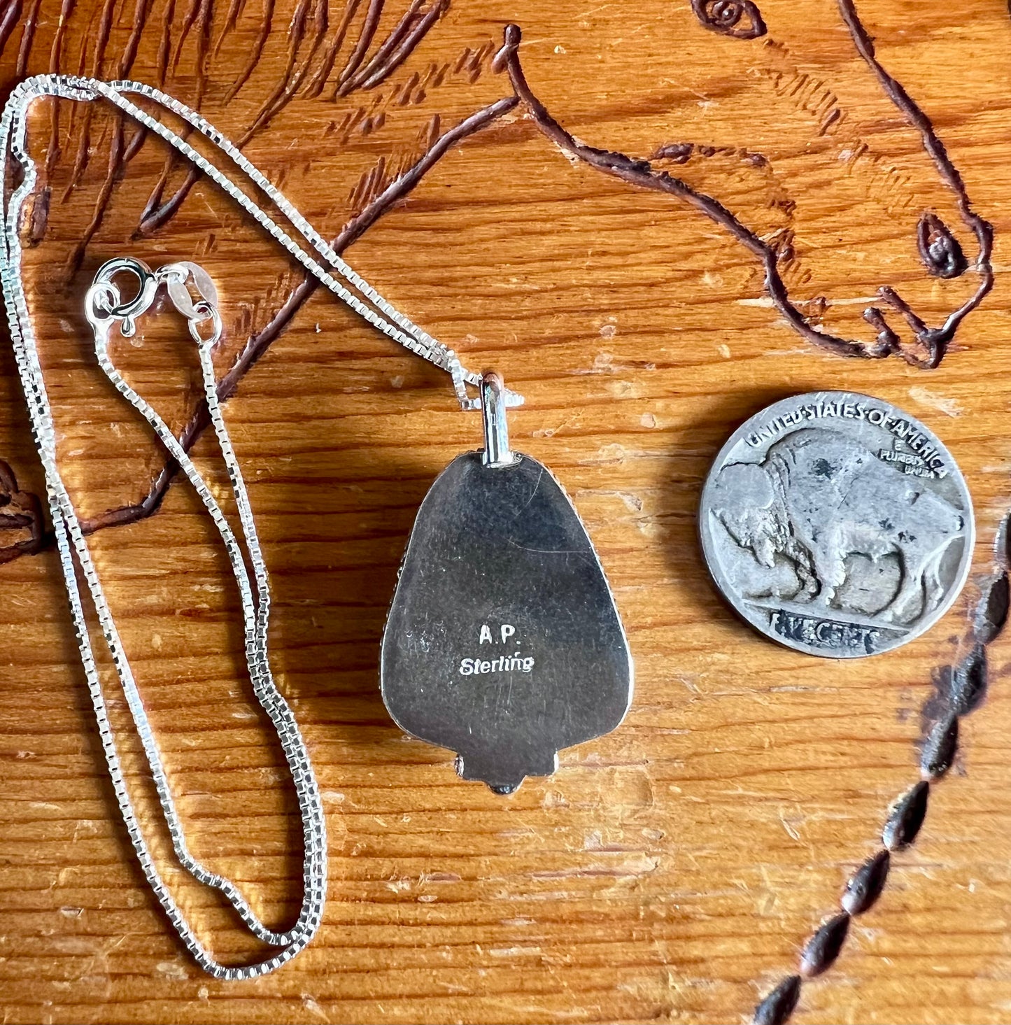 Handmade Sterling & Carico Lake Turquoise Pendant w/ 16” Sterling Box Chain