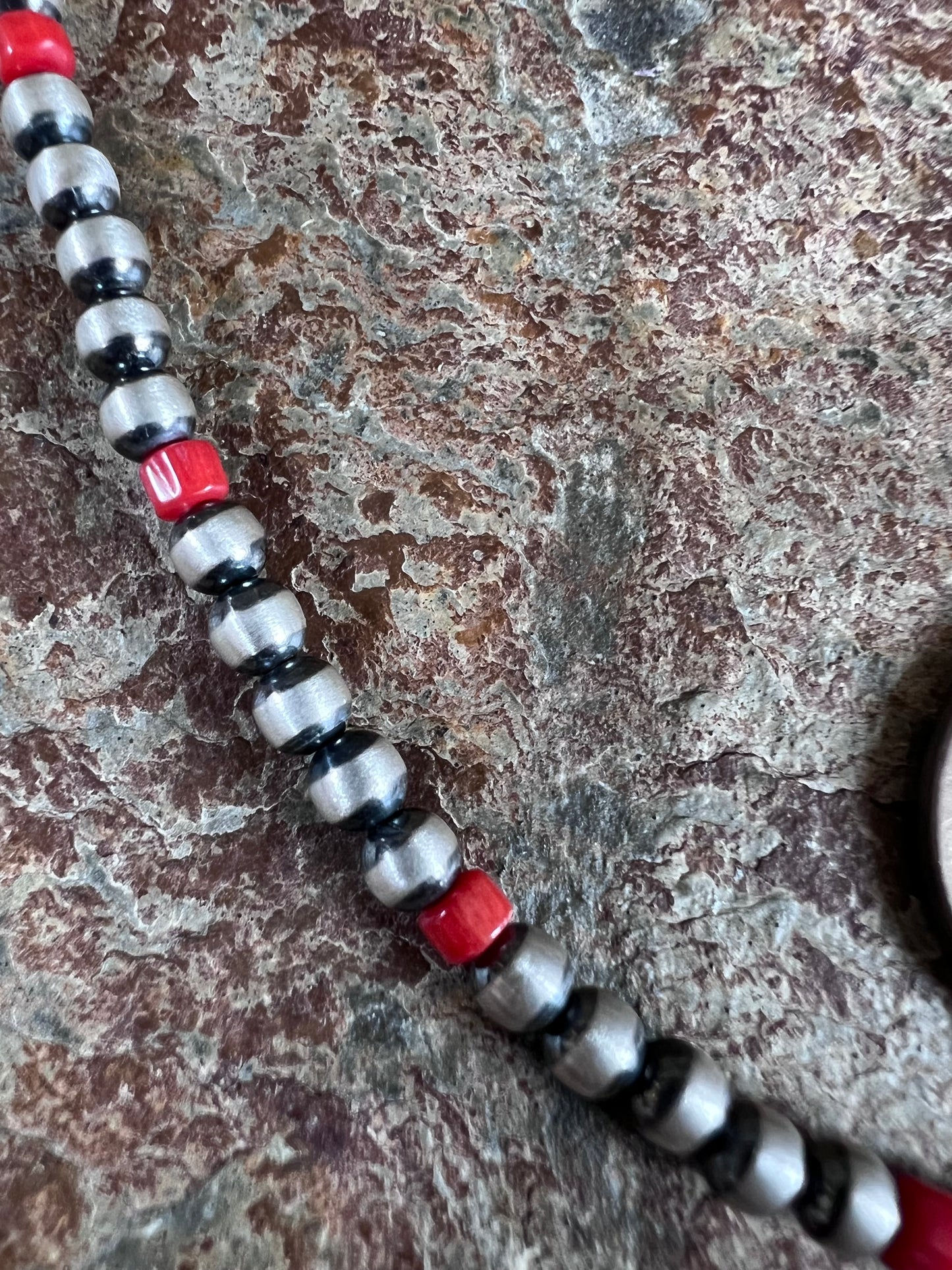 Red Coral & Oxidized Sterling Silver Beads 4mm Earrings 2.25β & Necklace 16β-18β