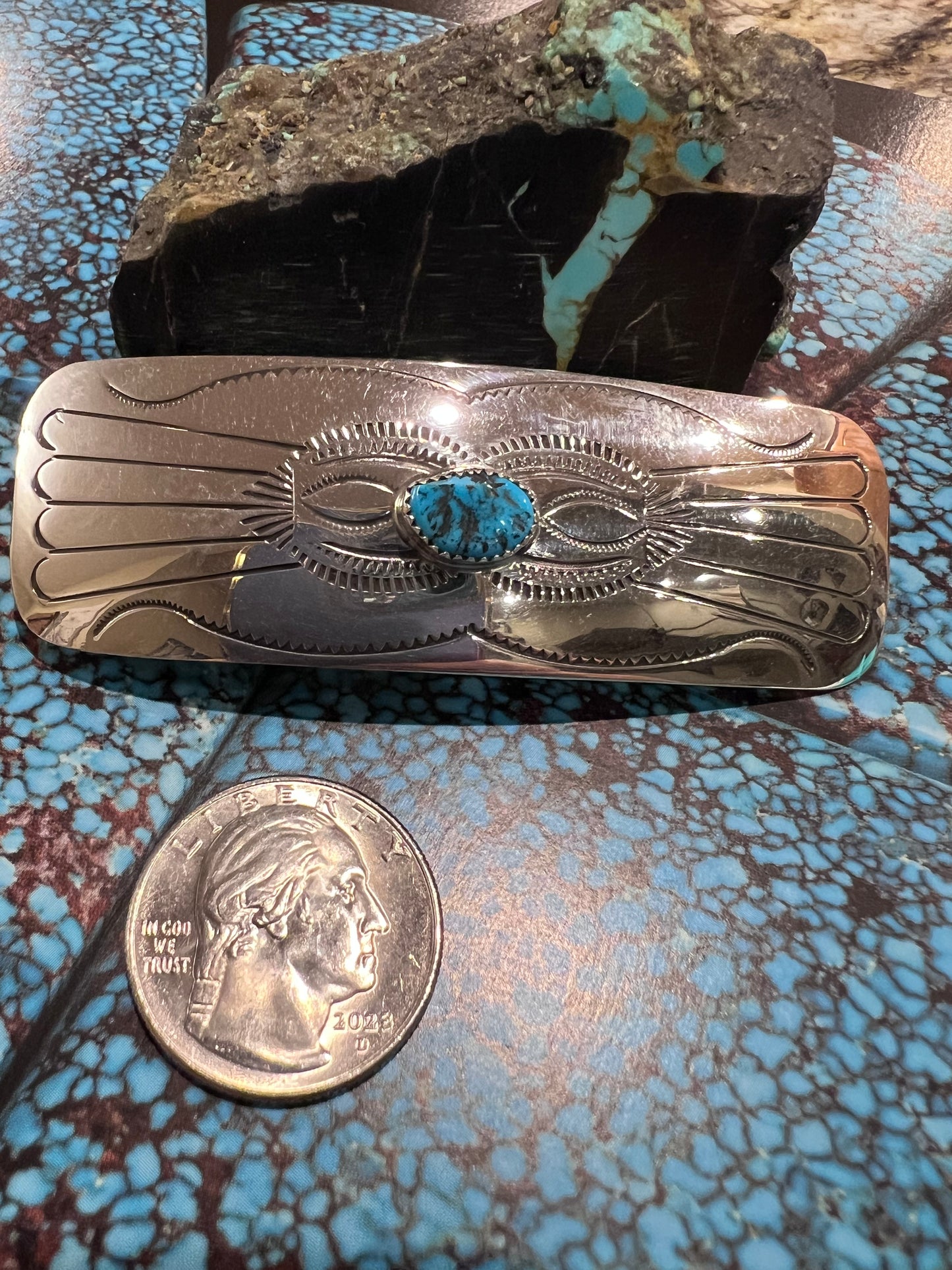 Handmade by Jolene Begay - Sterling & Kingman Turquoise Hair Barrette 3”x1”