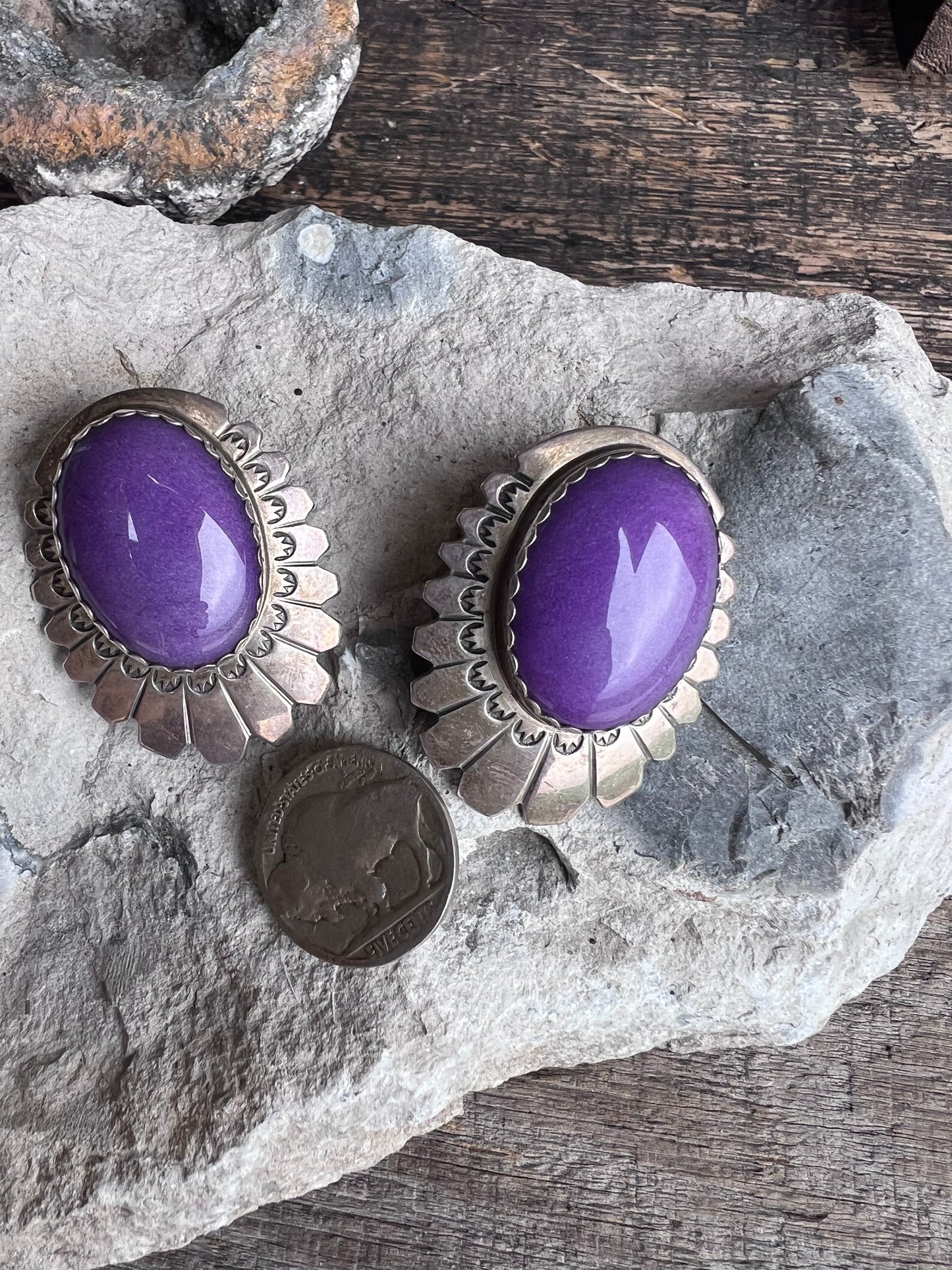 Vintage Rare Native American Handmade Sterling & Sugalite Post Earrings