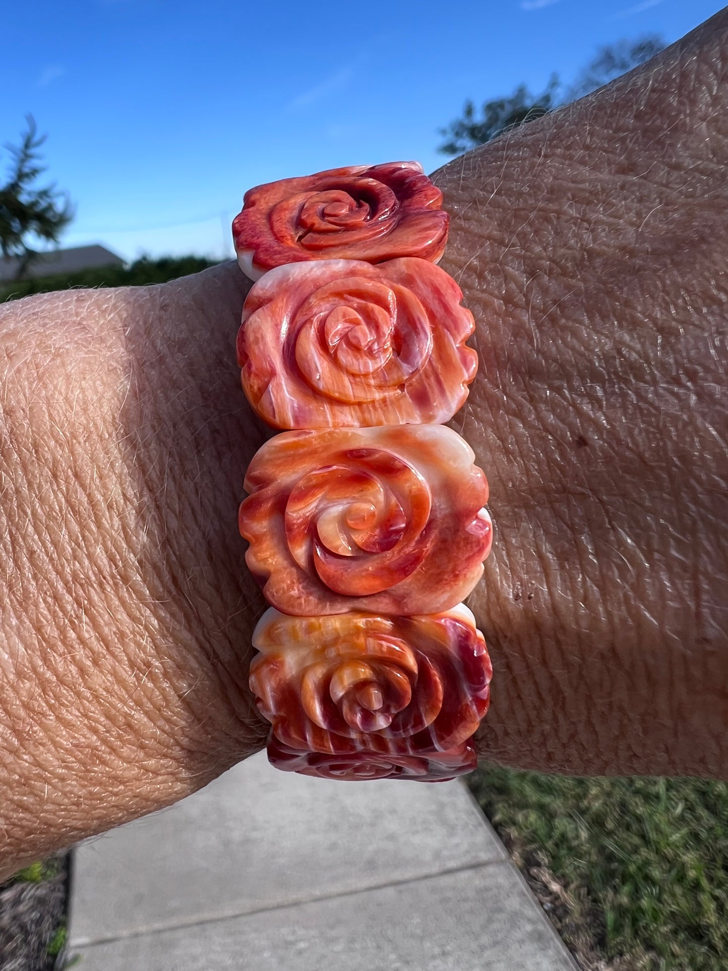 Orange Spiny Oyster Carved Rose Stretch Bracelet