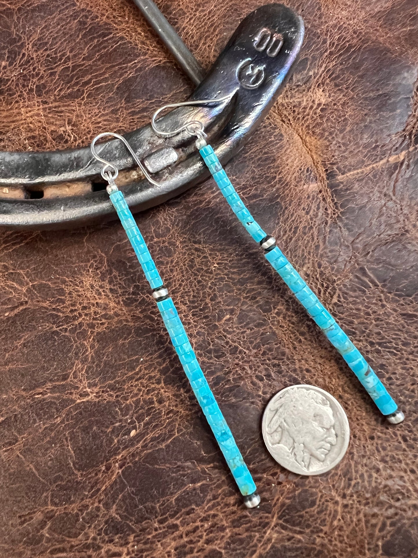 Long Sterling & Kingman Turquoise Heishi Dangle Earrings 2.15” long