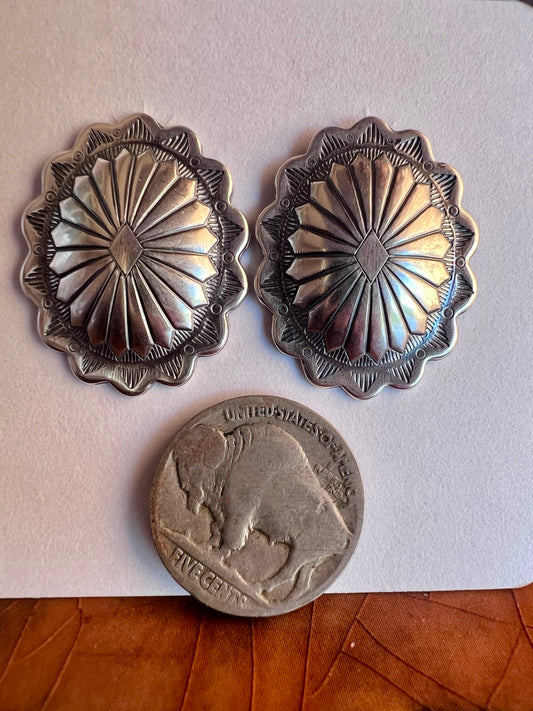 Southwest Sterling Oval Scalloped Concho Post Earrings