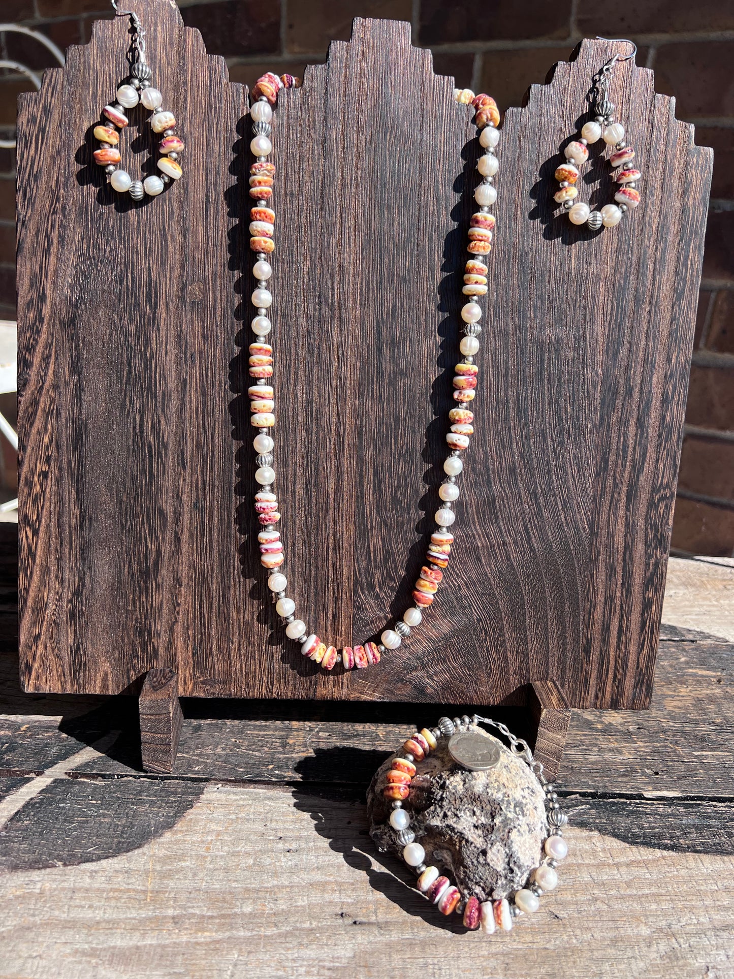 Southwest Handmade Spiny Oyster, Freshwater Pearls & Sterling Silver Necklace, Bracelet & Earrings Set