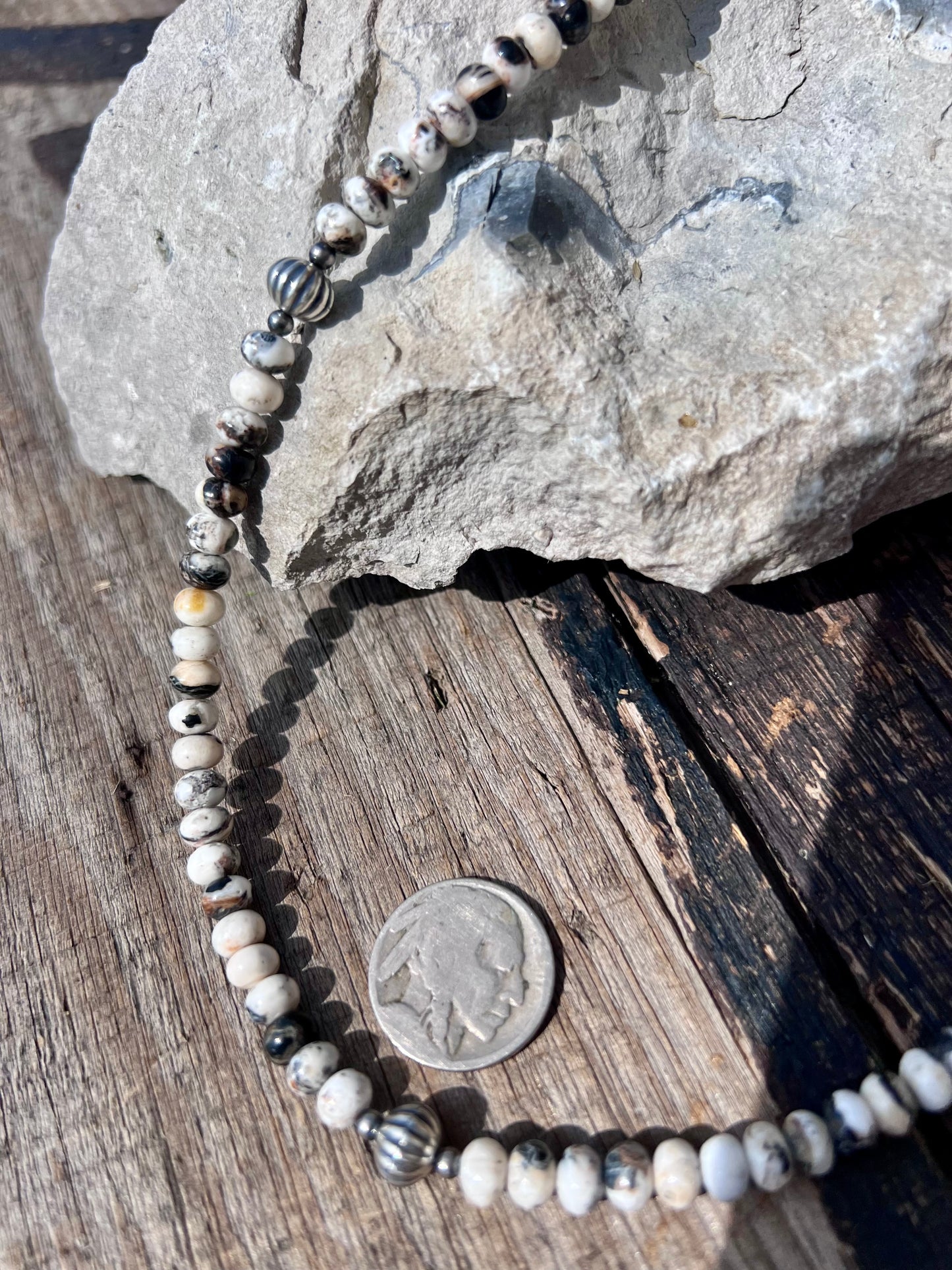 White Buffalo Rondelle Beads 6mm, Sterling Corrugated/round 3-8mm Necklace 19β