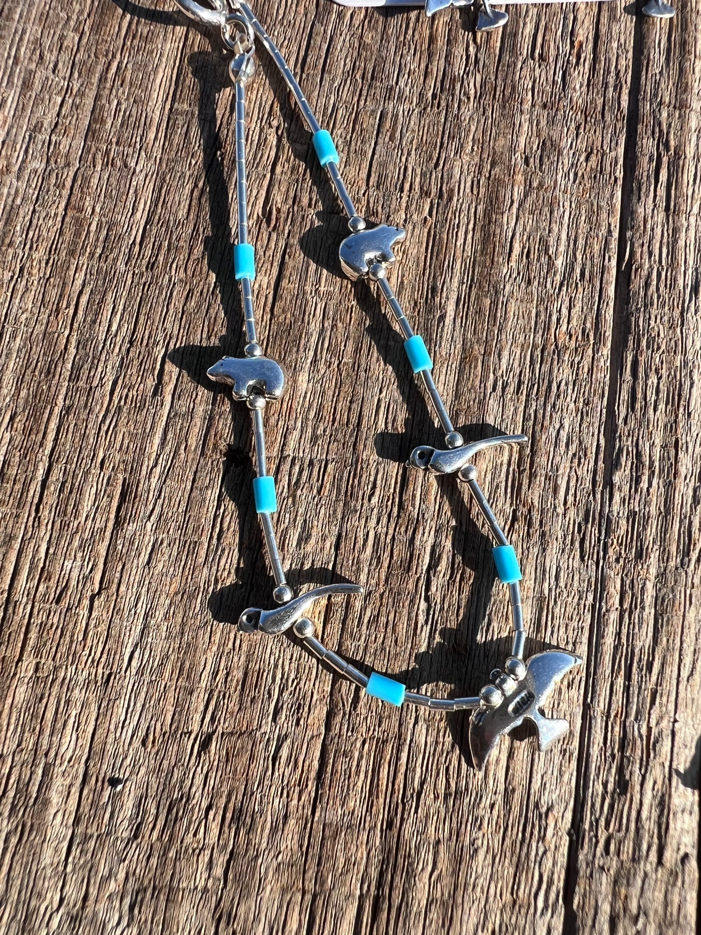 All Sterling-Liquid Silver, Fetish & Turquoise Bead Necklace 16”, Earrings 2”, Ankle 9” & Wrist 7-8”Bracelet Set