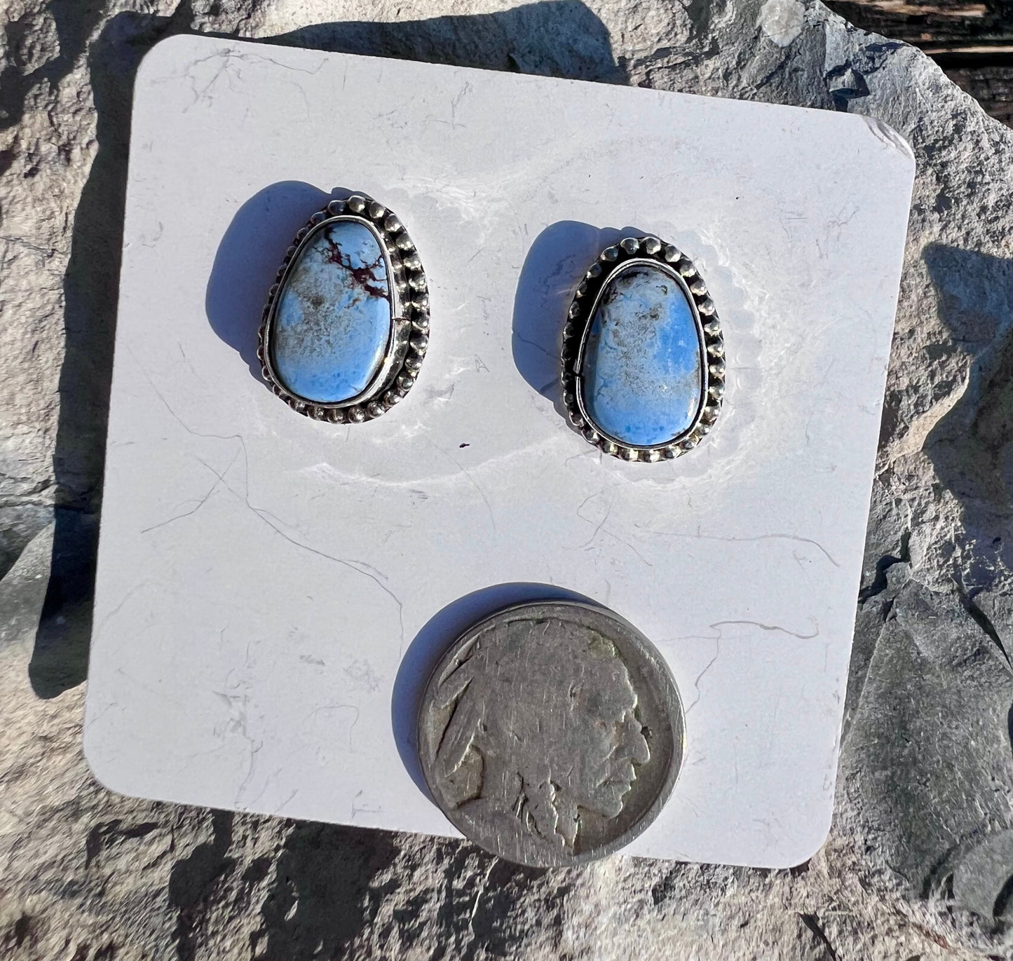 Handmade by Dustin Calvin, Sterling & Golden Hills Turquoise Post Earrings Sz .6”x.4”