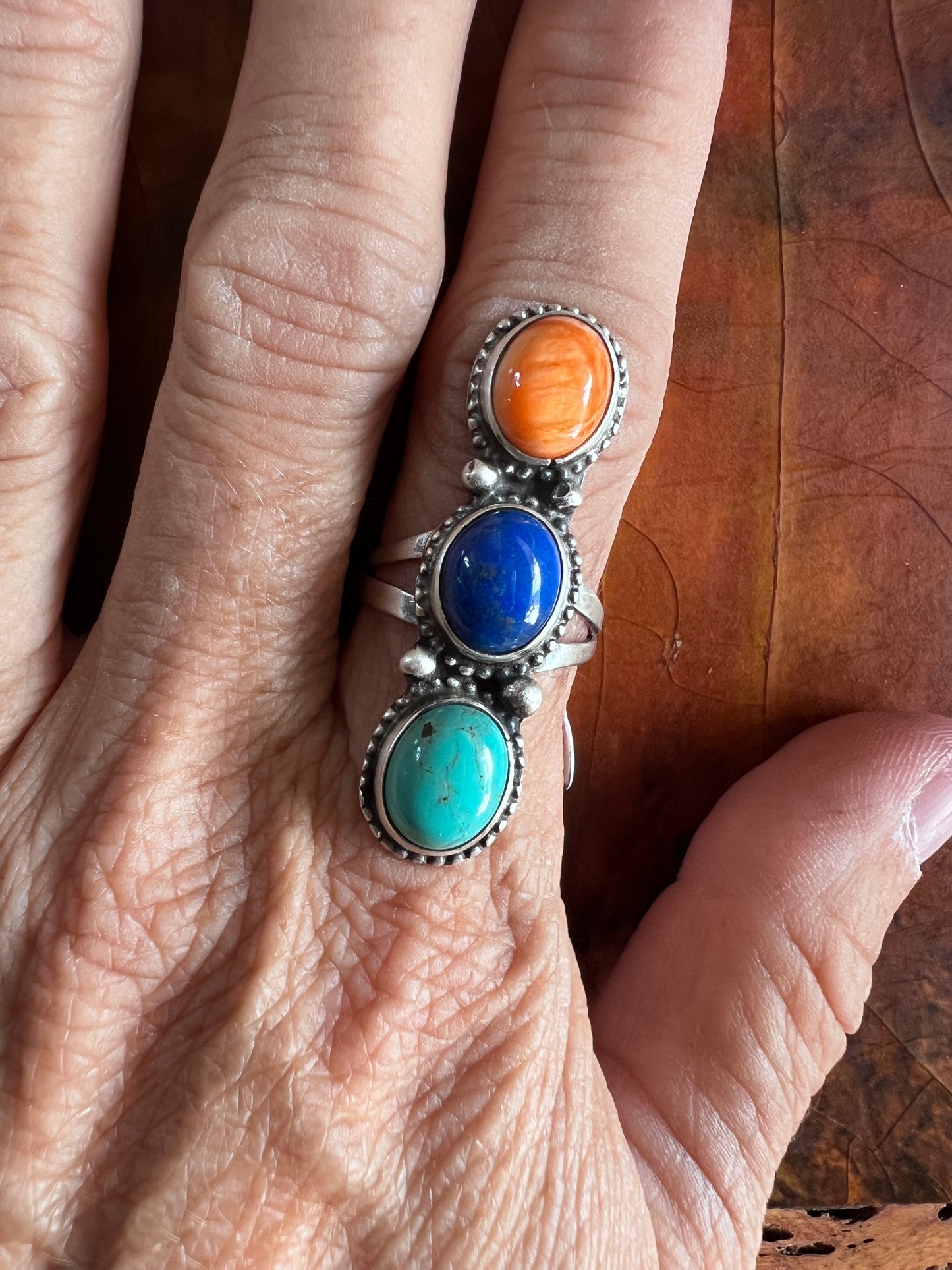 Native American Handmade Sterling, Orange Spiny, Blue Lapis & Tyrone Turquoise Ring Sz. 6 3/4
