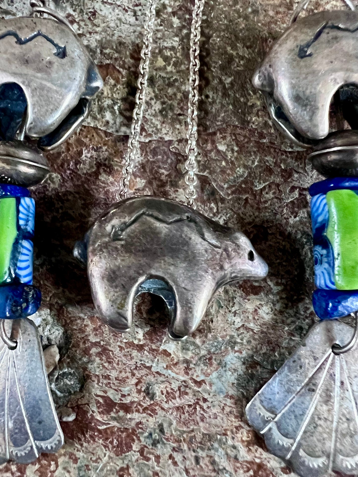 Native American Handmade Sterling, Turquoise, Lapis Bear Necklace 18”- Earrings 3.5” Set