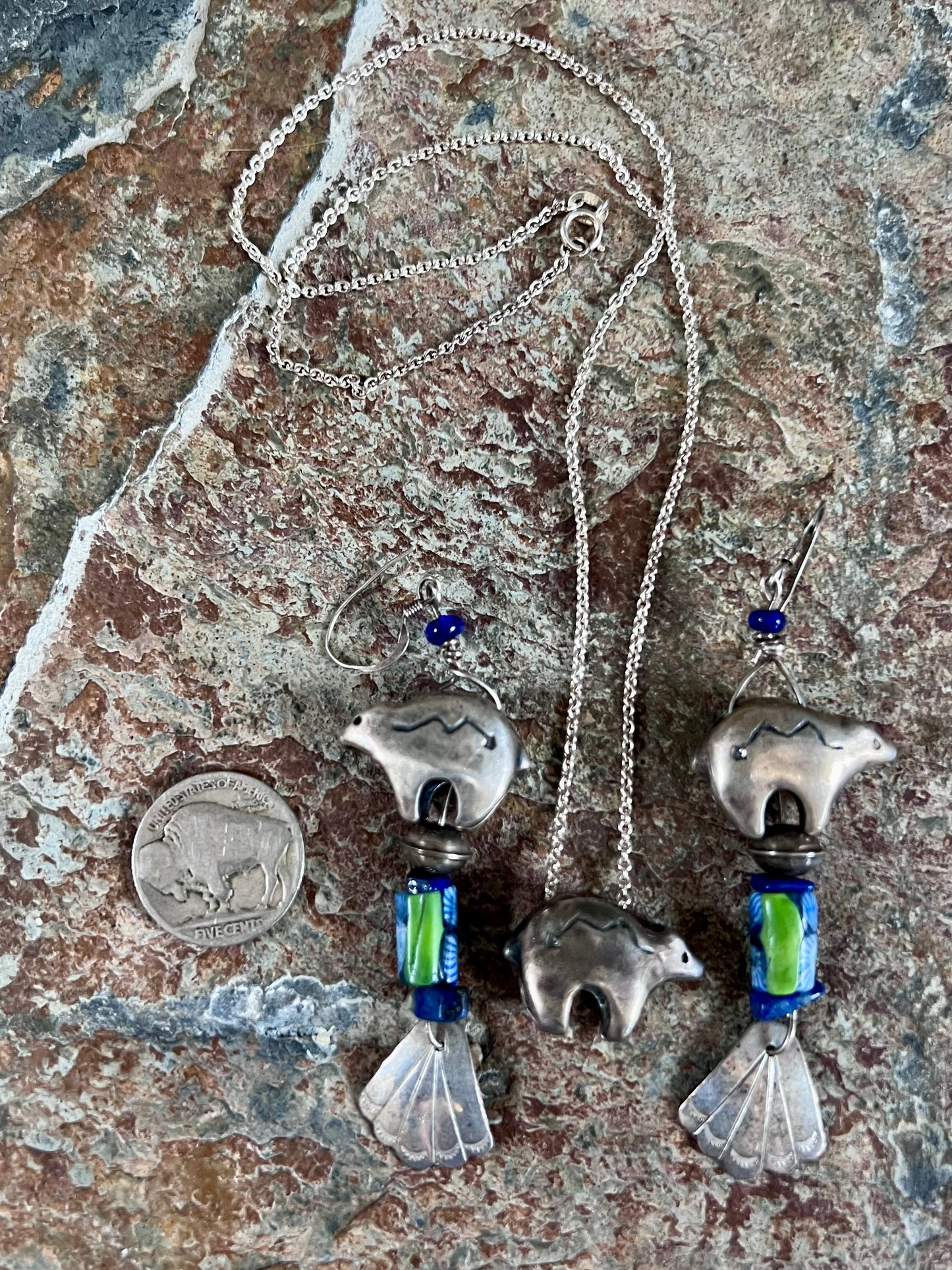 Native American Handmade Sterling, Turquoise, Lapis Bear Necklace 18”- Earrings 3.5” Set