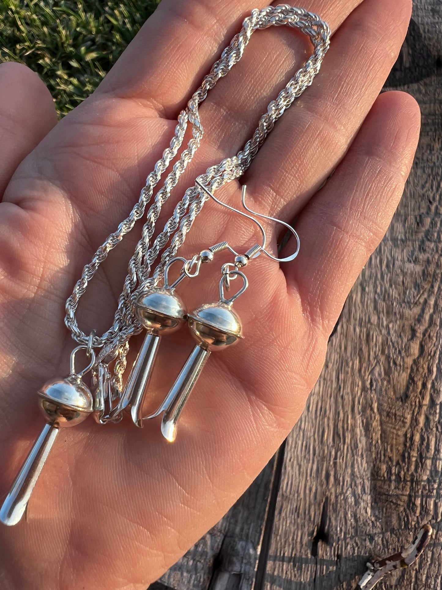 Sterling Silver Blossom Set. 10mm Bead Blossom Dangle Earrings 2” & Rope Necklace 16” w/ Blossom Pendant 1.2”