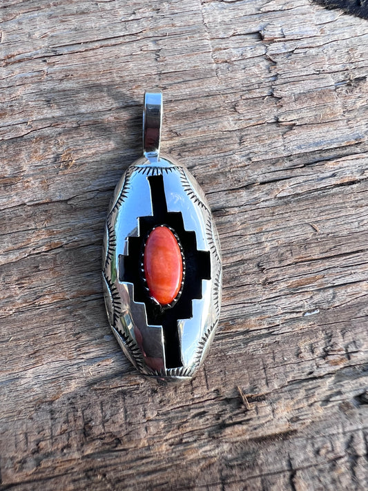 Native American Handmade Sterling & Orange Spiney Shadowbox Pendant