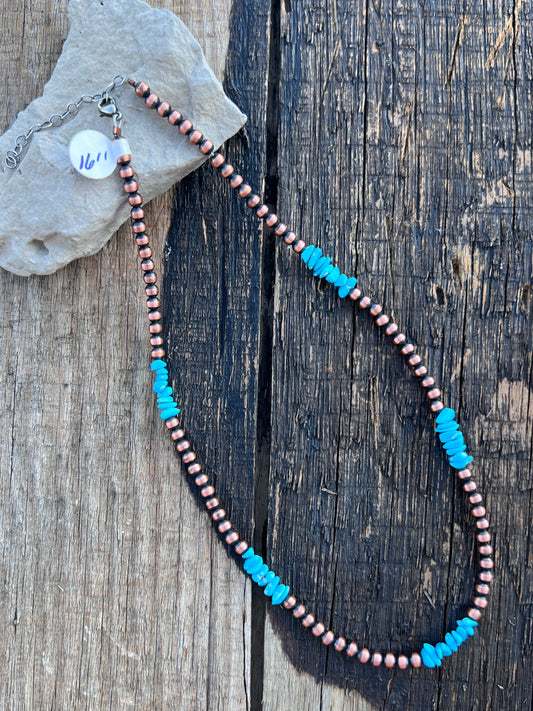 Copper 4mm Beads & Sleeping Beauty Turquoise Chip Necklace 16β-18β