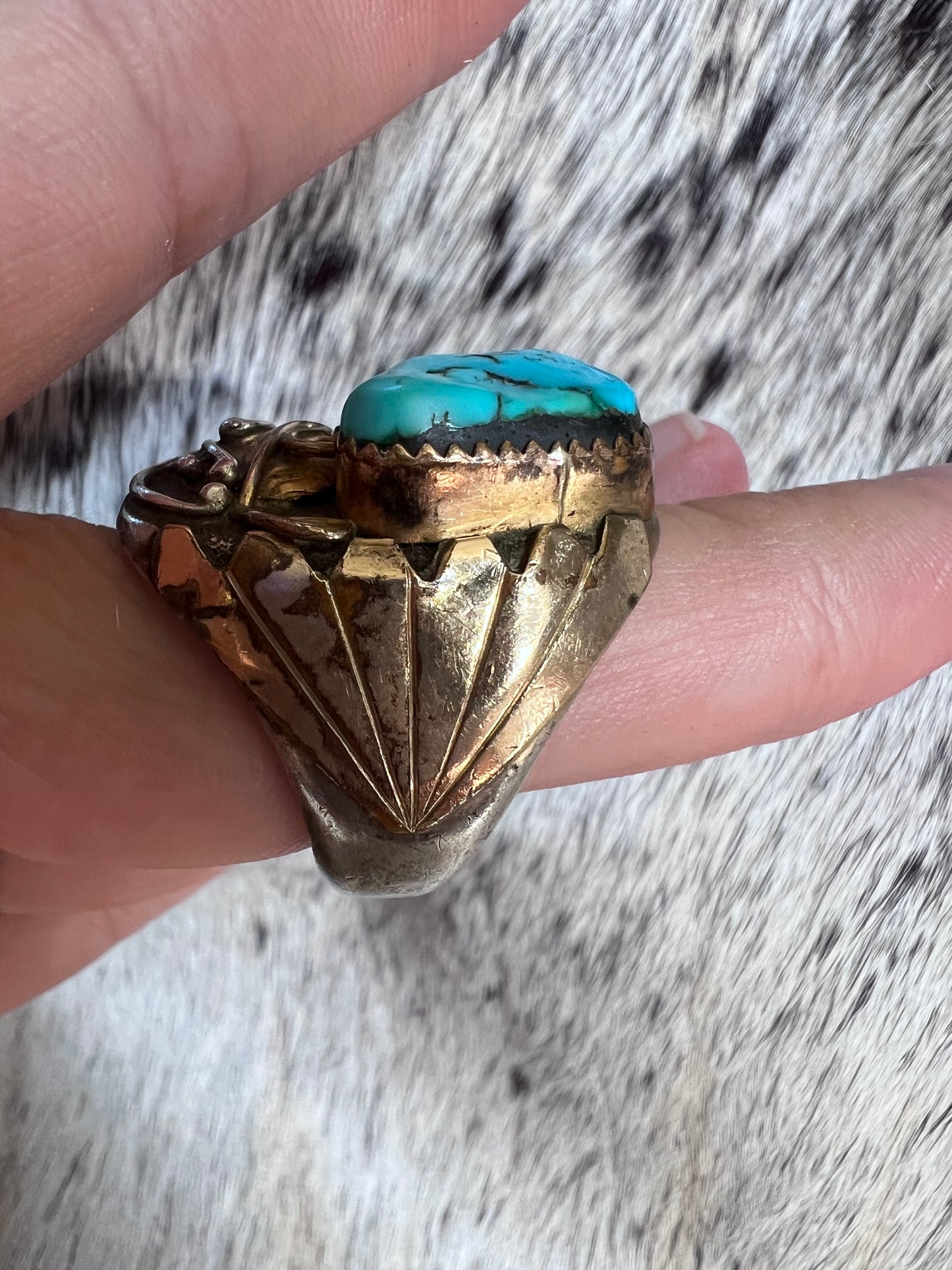 Vintage Chunky Navajo Handmade 12kt Gold Fill, Sterling & Kingman Turquoise Nugget Ring Sz 9.5
