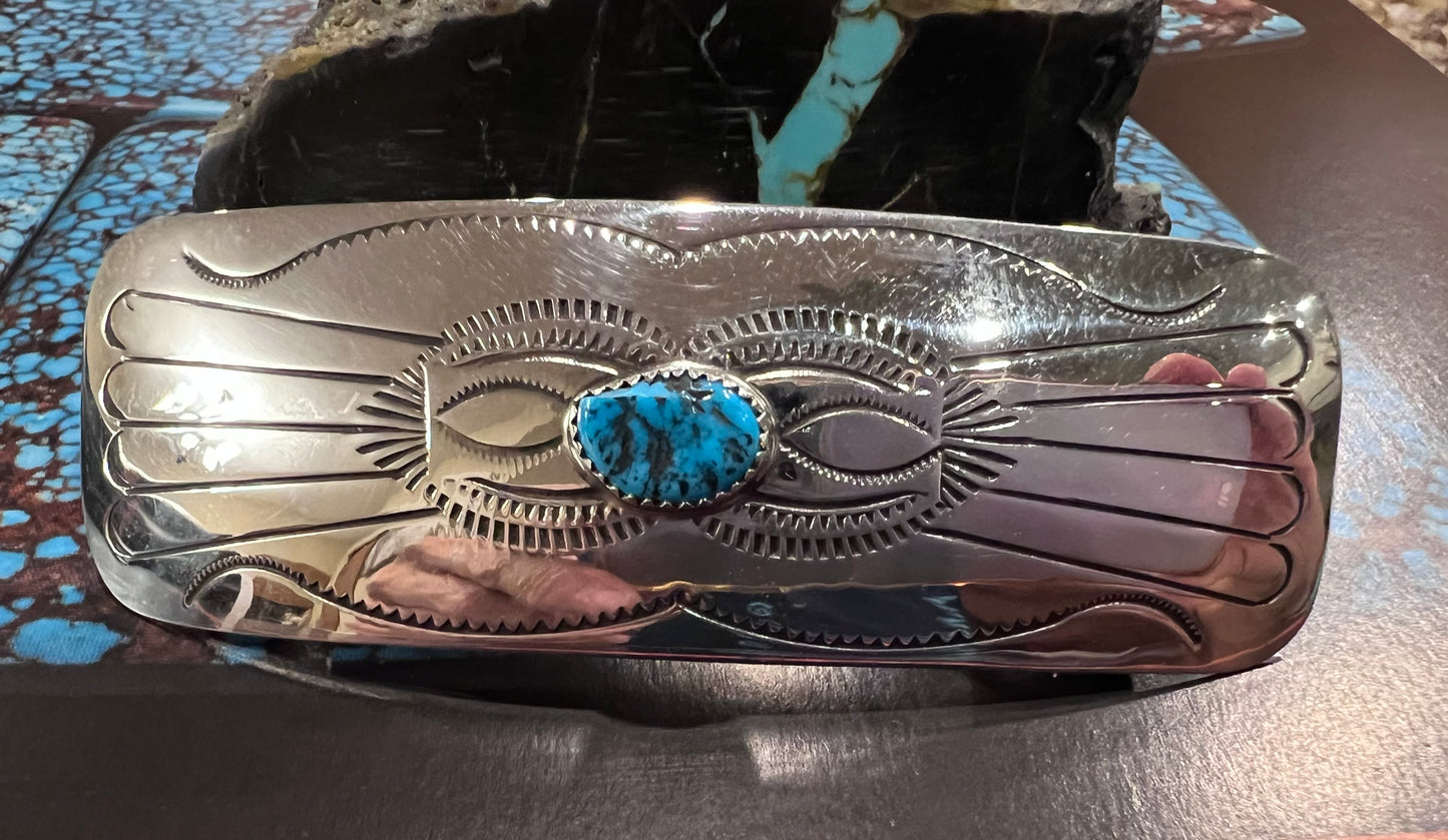 Handmade by Jolene Begay - Sterling & Kingman Turquoise Hair Barrette 3”x1”