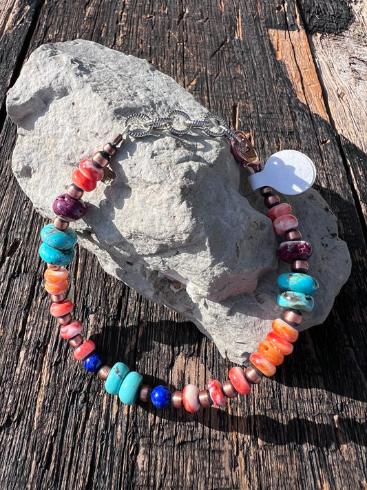 Southwest Handmade Copper, Orange, Red & Purple Spiny, Turquoise& Lapis Beaded Bracelet Sz 7-8β