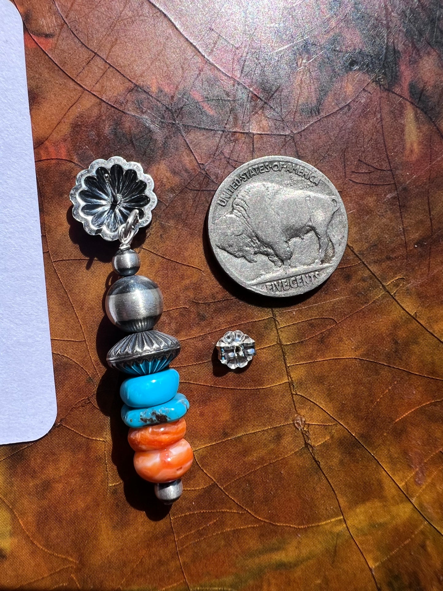 Sterling Silver with Orange Spiny & Kingman Turquoise Post Earrings 2β length
