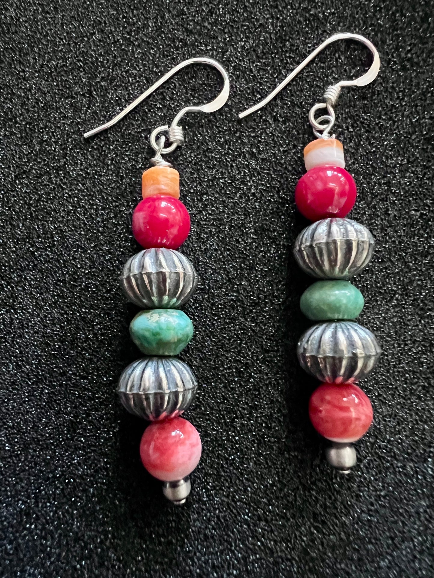 Sterling Corrugated Beads, Green Turquoise, Red Coral & Orange Spiney Dangle Earrings 2β