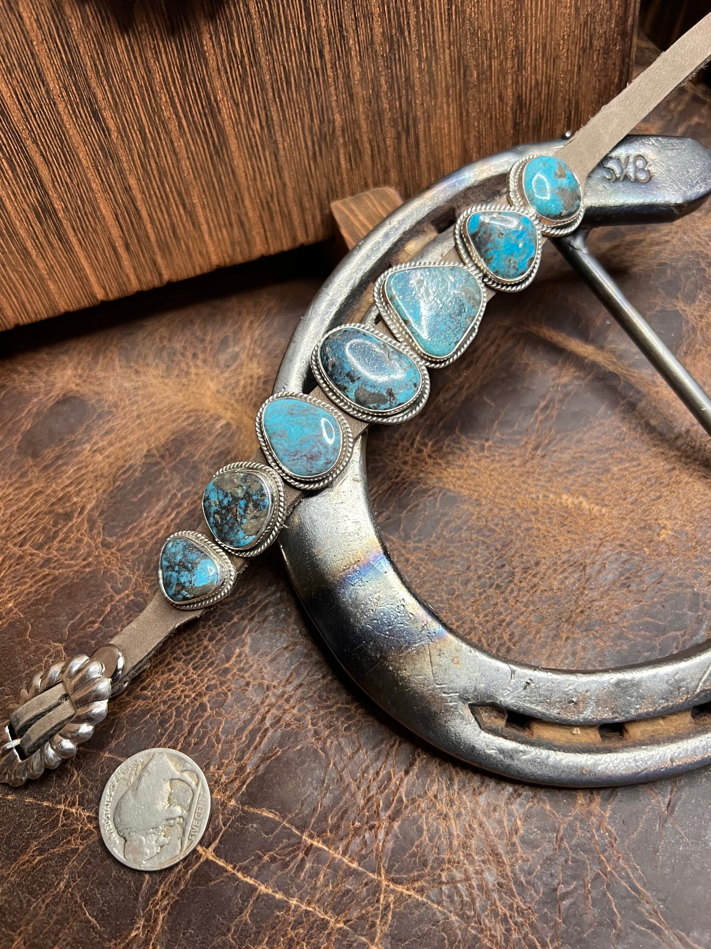 Navajo Handmade by Danny Martinez, signed “M” Sterling, Turquoise on Leather Bracelet Sz 6.5-9”