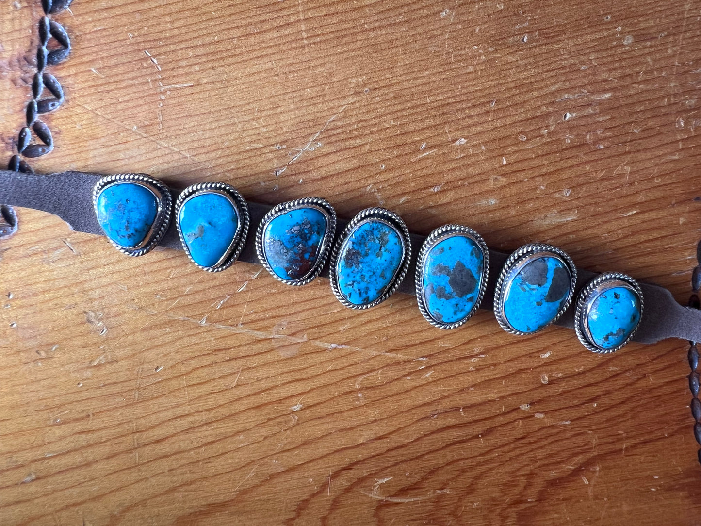 Native American Handmade Sterling, Turquoise on Leather Bracelet Sz 6.5-9”