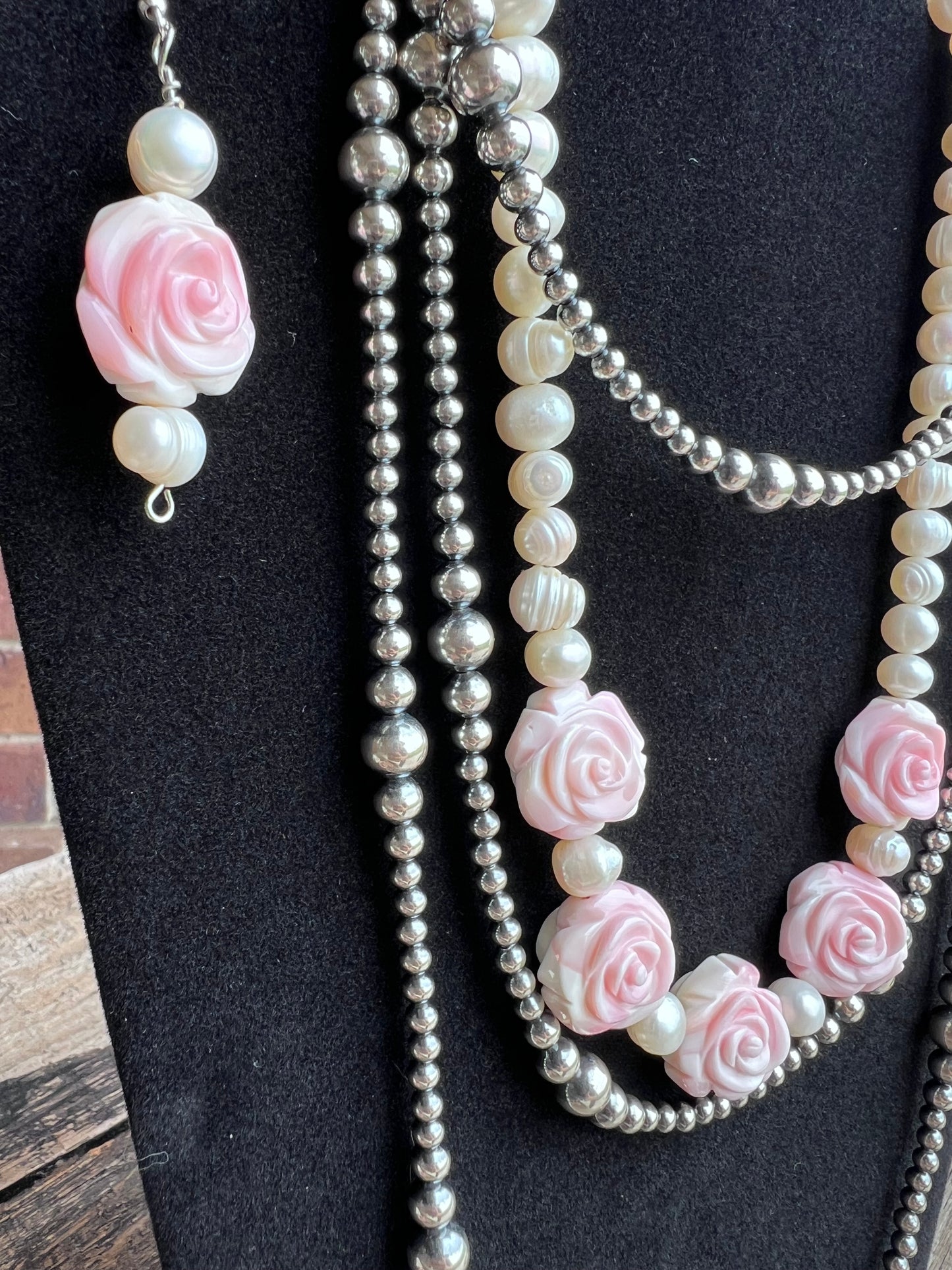 Pink Conch Shell Carved Rose & Natural Freshwater Pearl Necklace, Bracelet & Earrings Set